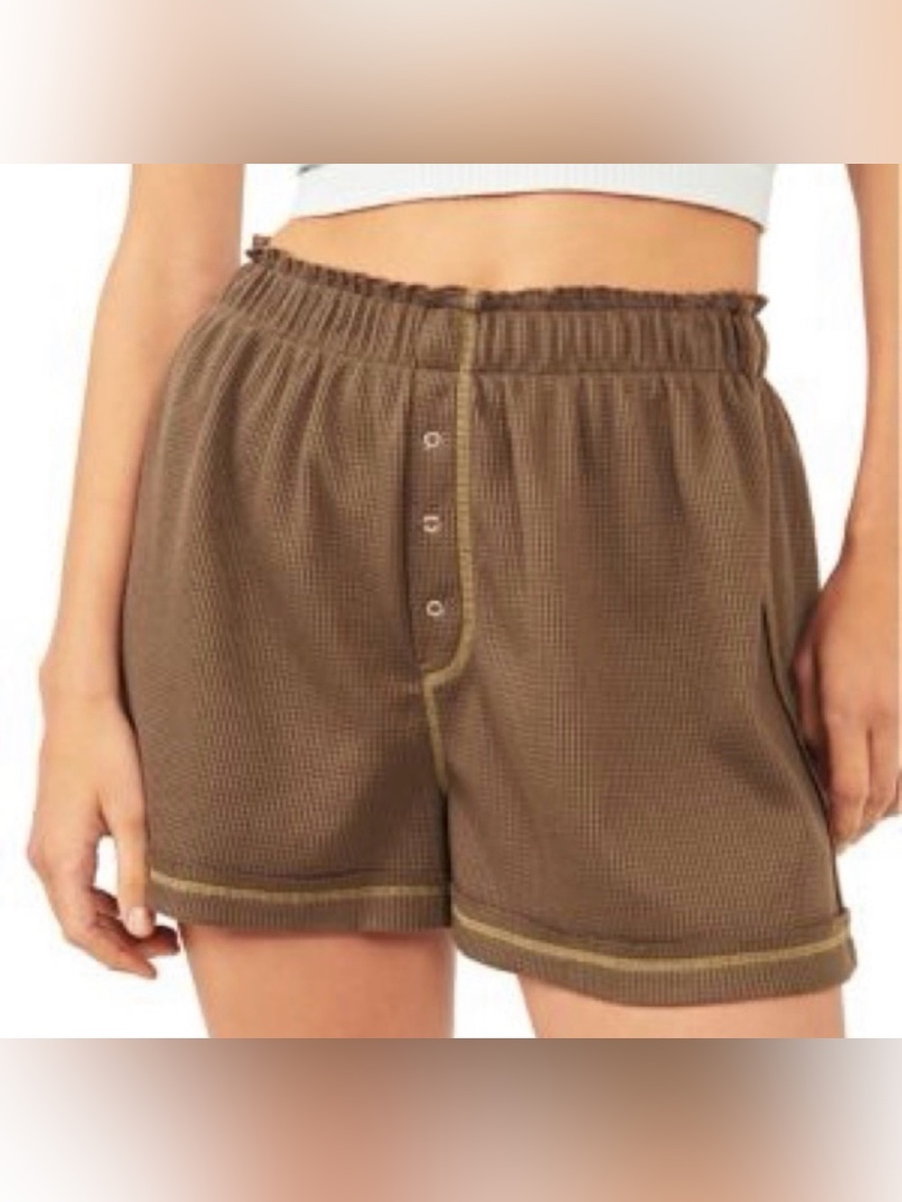 Free People Olive Brown Waffle-Knit Athletic Shorts